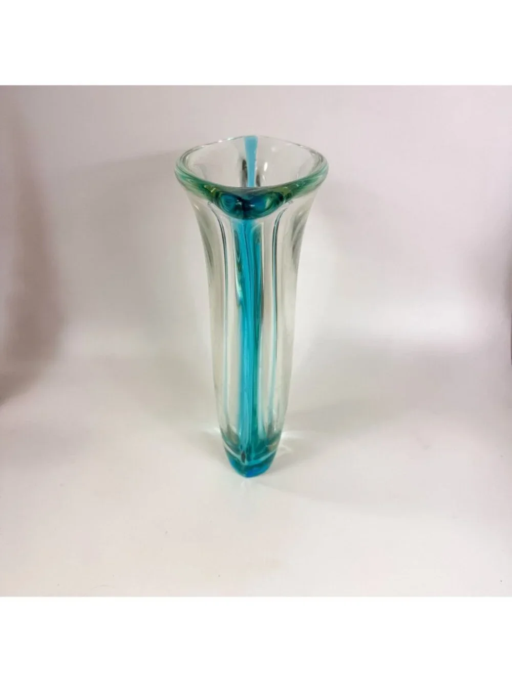 Murano Sommerso Art Glass Blue Green Trumpet Biomorphic Flared Vase 14